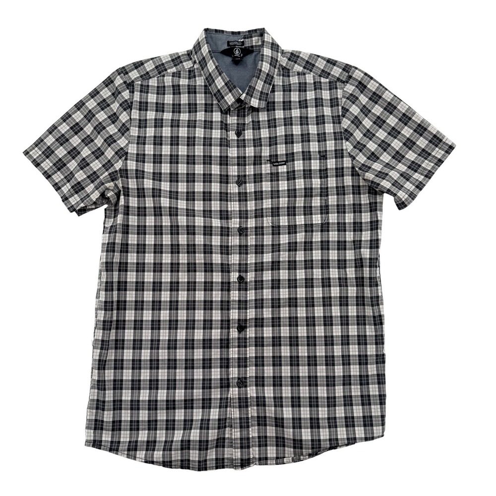 Volcom Men Size M Modern Fit Plaid Short Sleeve Button Down Shirt Black White